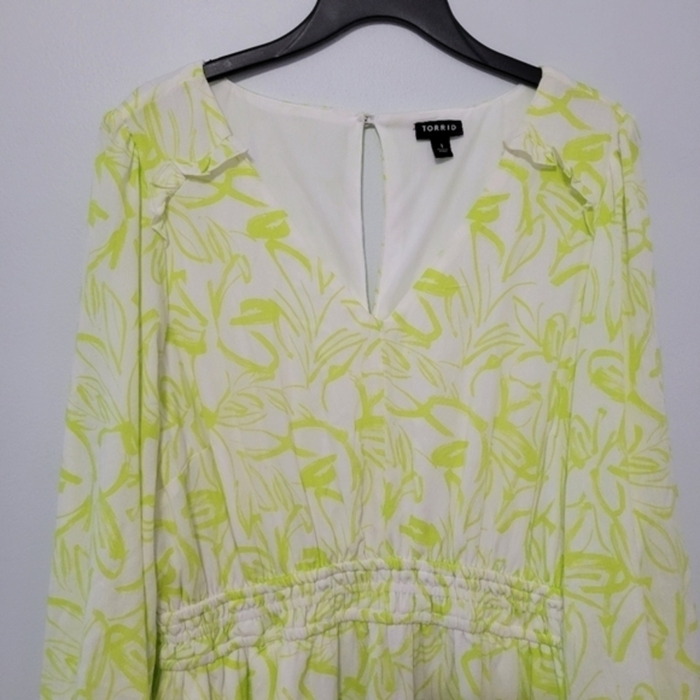 Torrid Mini Wash Gauze Wide‎ Waist Skater Dress Size 1X Floral Yellow Green Lime - Picture 3 of 16